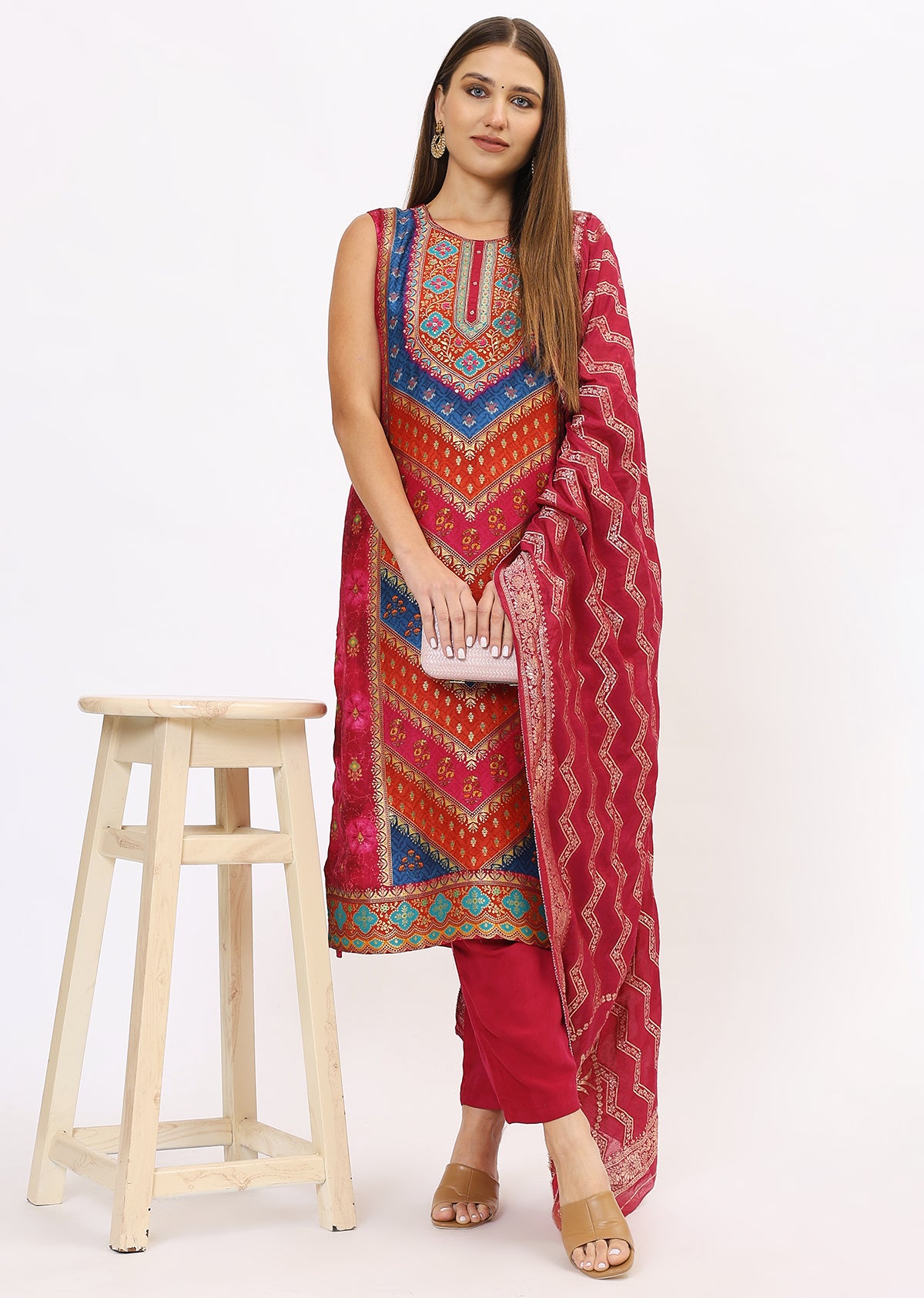Pink Printed Silk Kurta Set With Dupatta