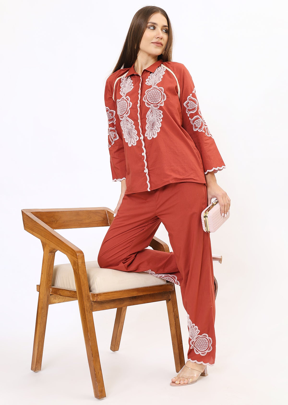 Rust Orange Embroidered Co-Ords