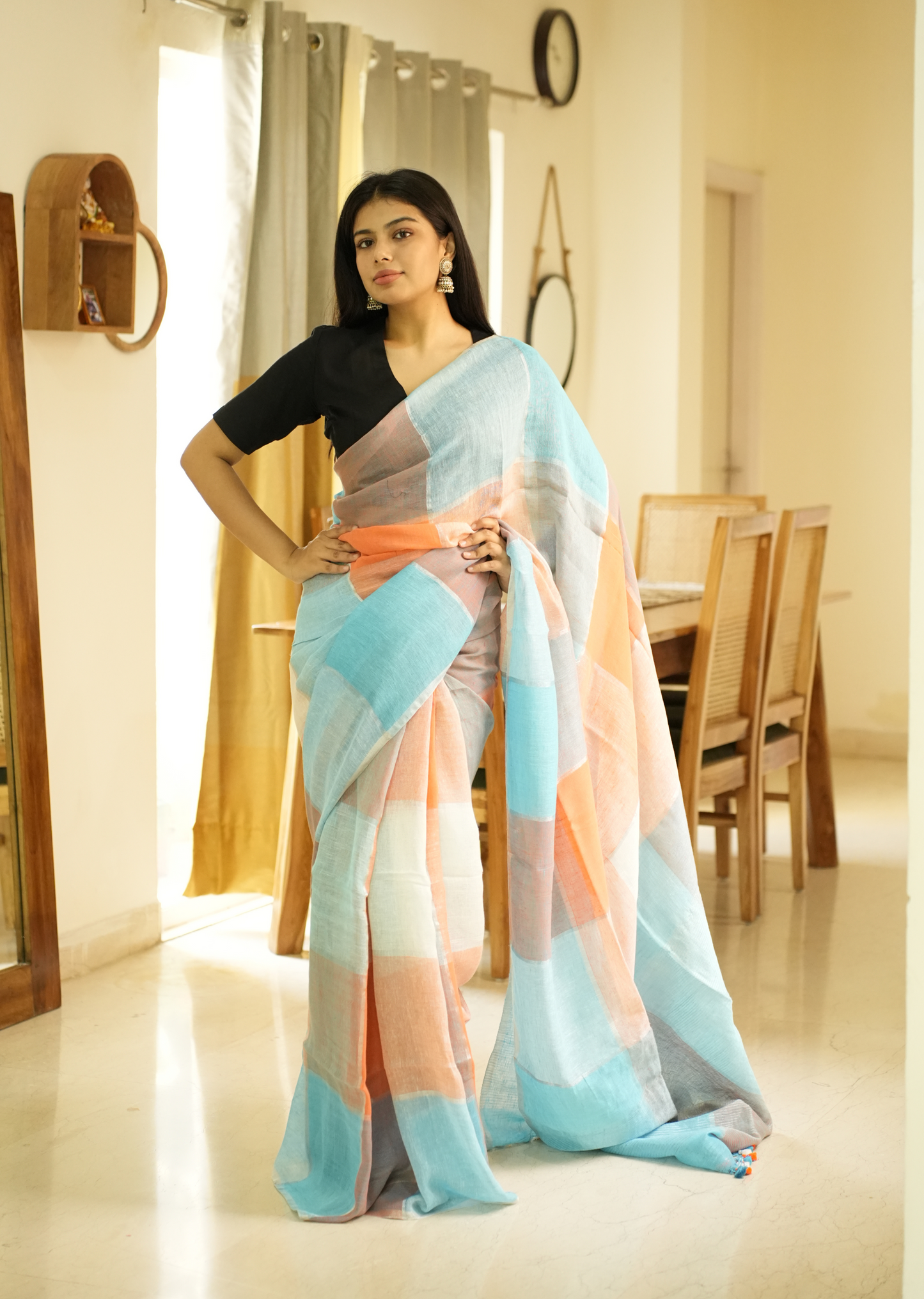 Vibrant Checks: Turquoise & Orange Linen Saree