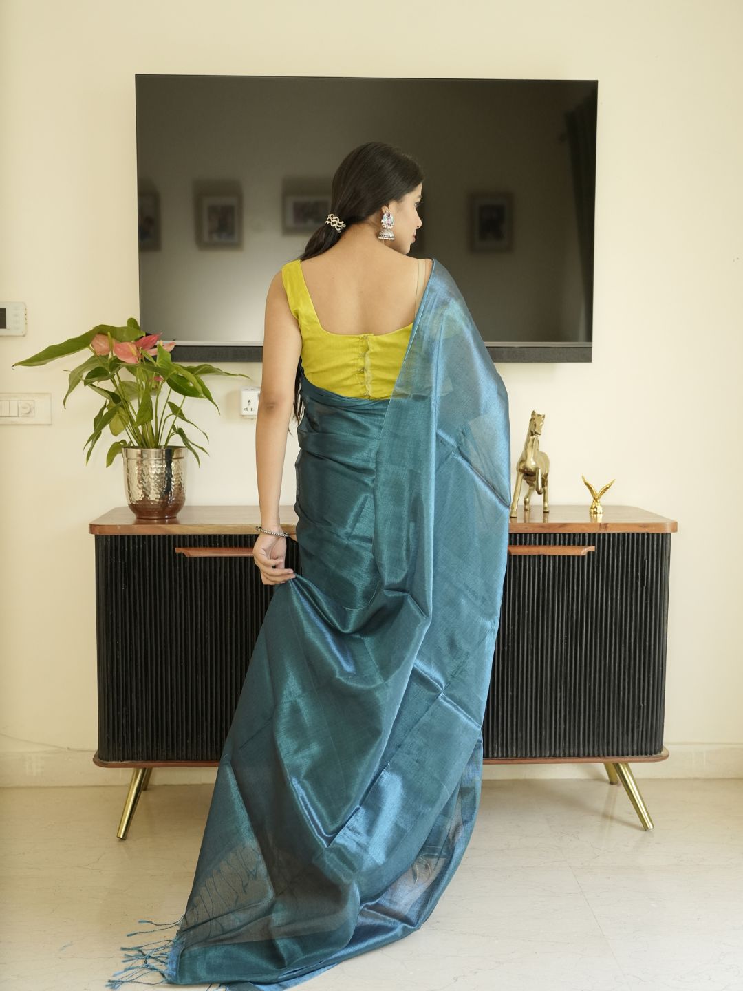 Blue Glass Tissue Silk Saree