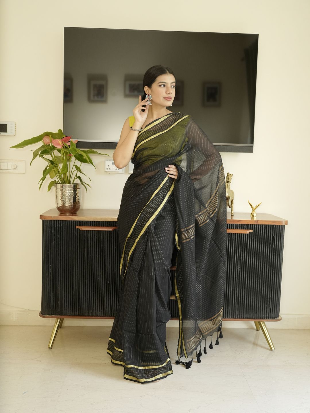 Black Mul Cotton Saree With Zari Sripes