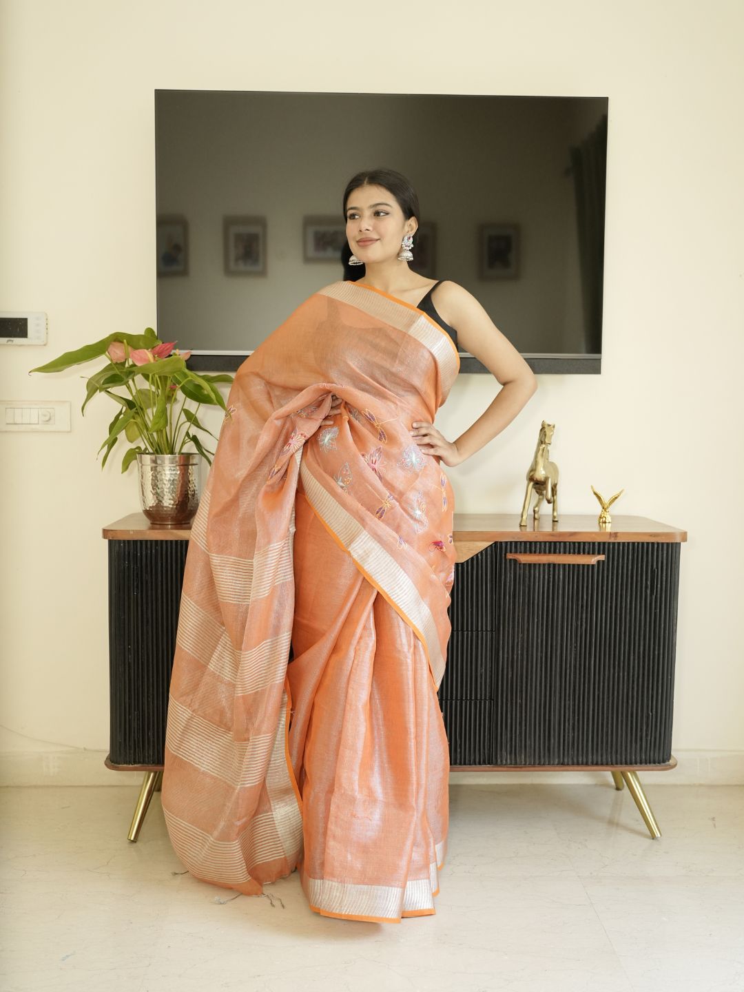 Orange Tissue Linen Saree With Hand Embroidery
