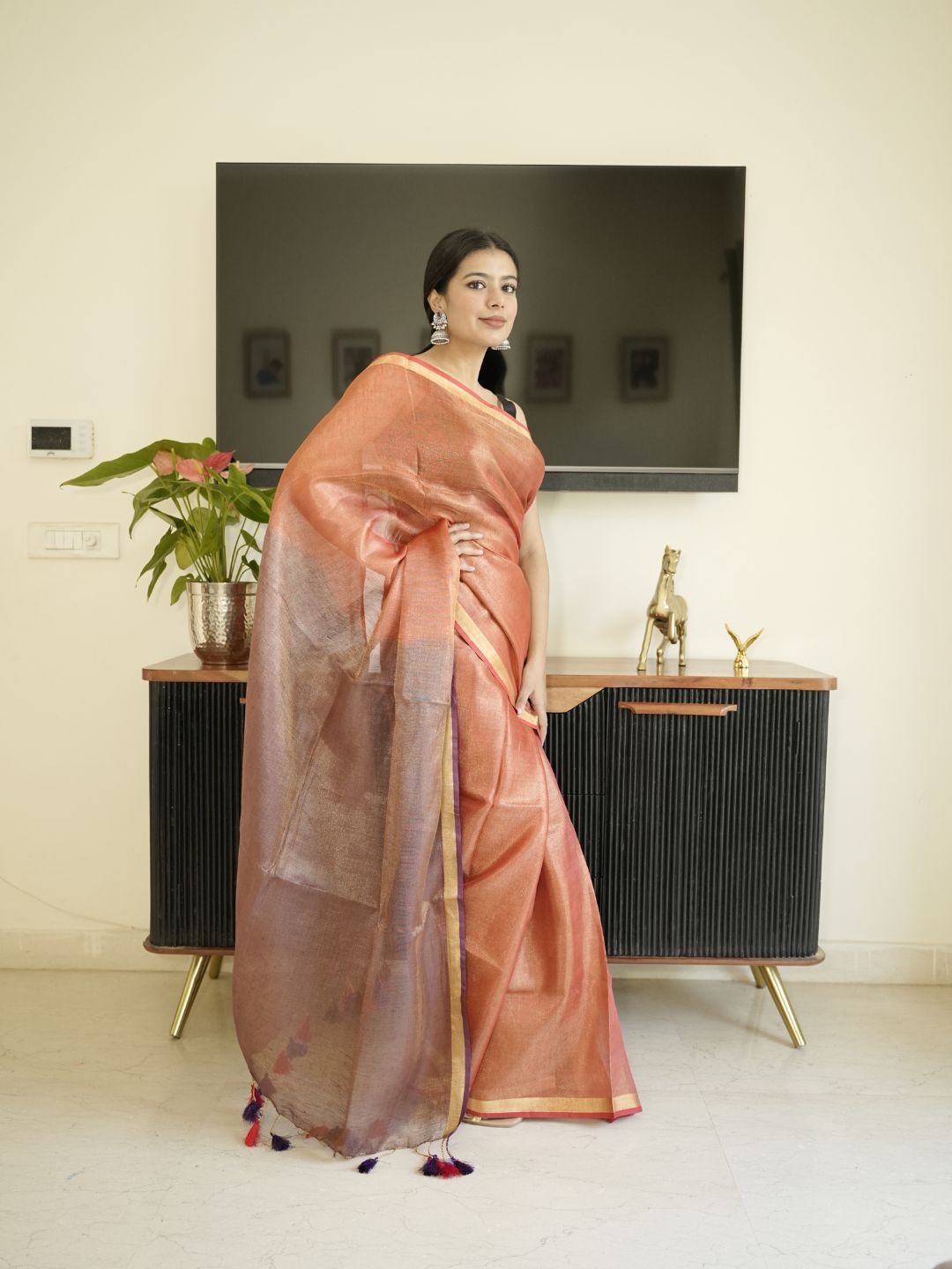 Orange & Brown Dual Tone Tissue Linen Saree