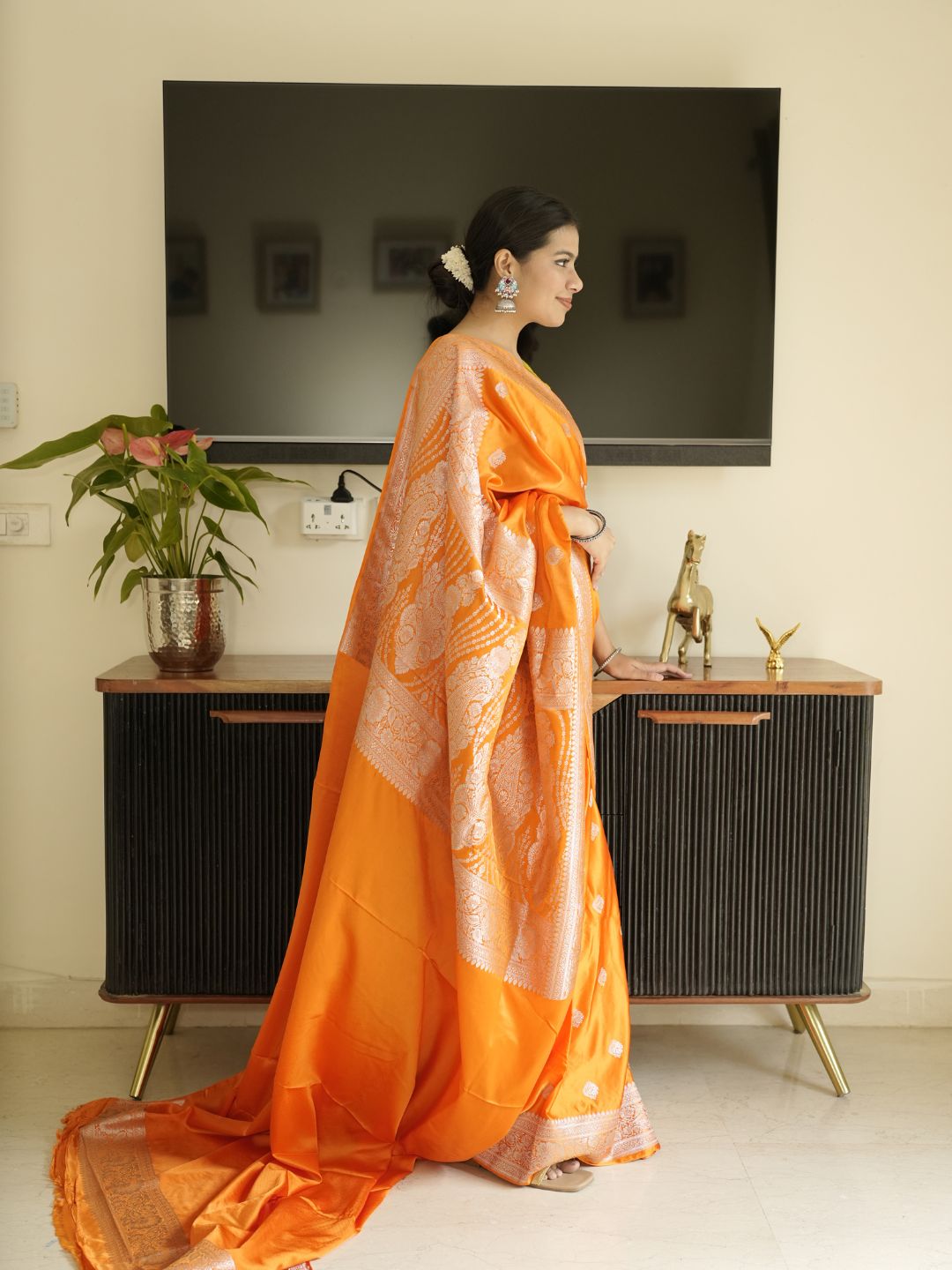 Orange Banarasi Silk Saree With Zari Border