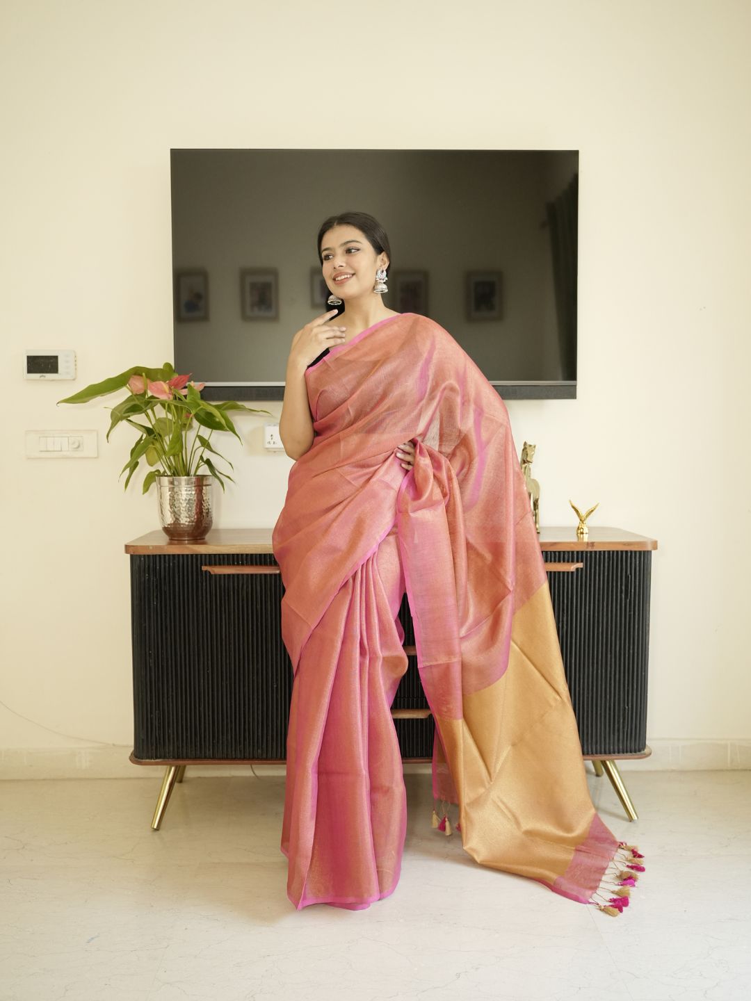 Orange Tissue Linen Saree With Golden Zari Pallu