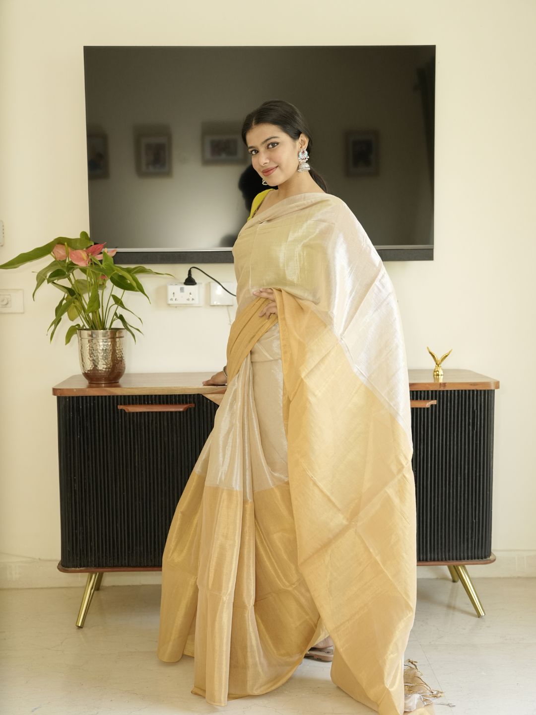 Ivory & Gold Glass Tissue Silk Saree