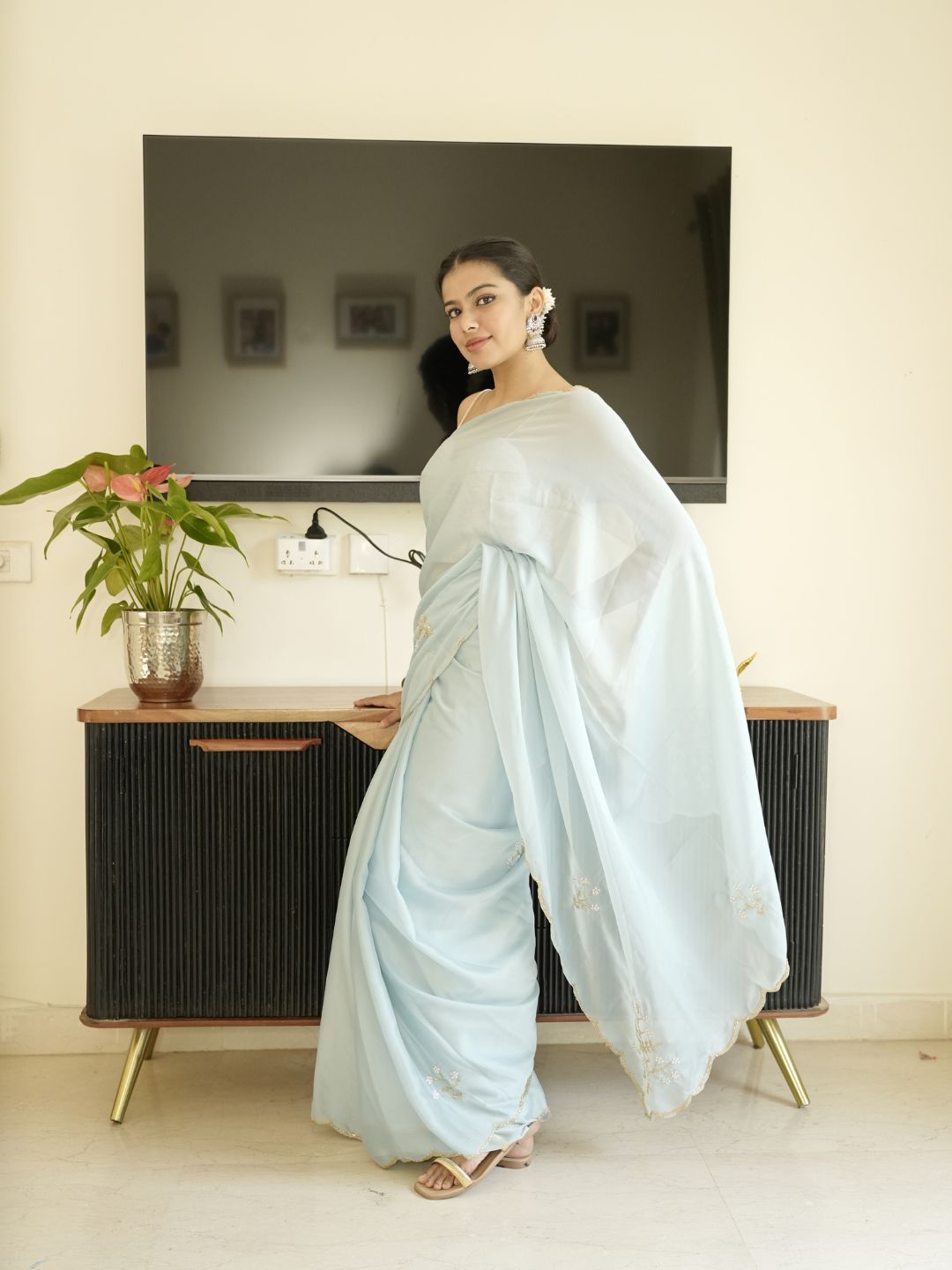 Blue Georgette Saree With Hand Zardoshi Work & Navy Blue Velvet Blouse Piece