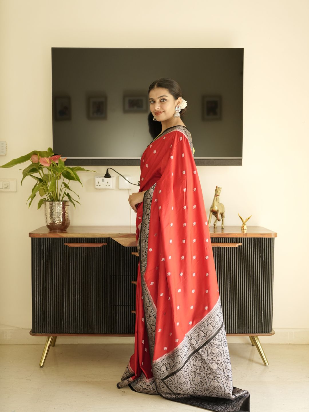 Red Banarasi Silk Saree With Black Border