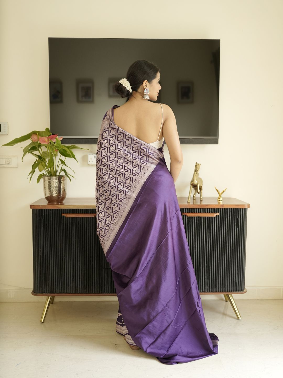 Purple Banarasi Silk Saree With Zari Border