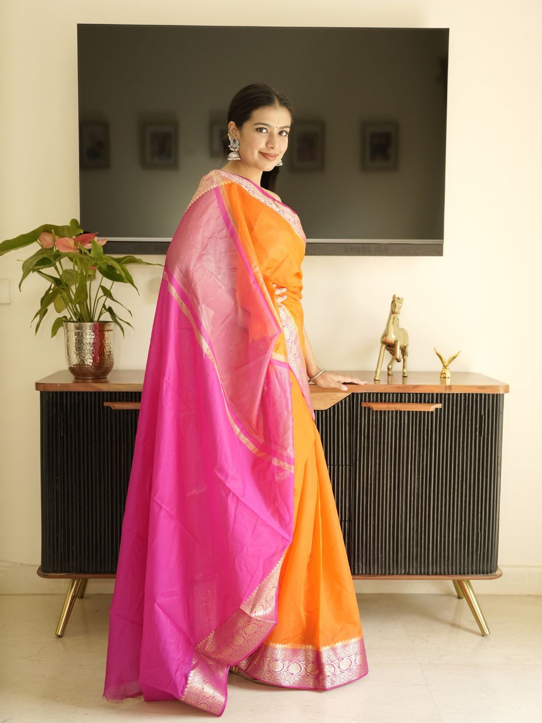 Orange Silk Saree With Pink Pallu