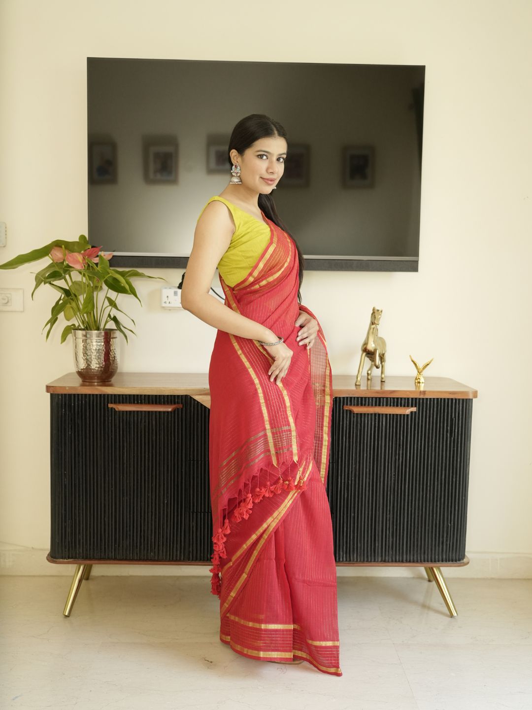 Red Mul Cotton Saree With Zari Sripes
