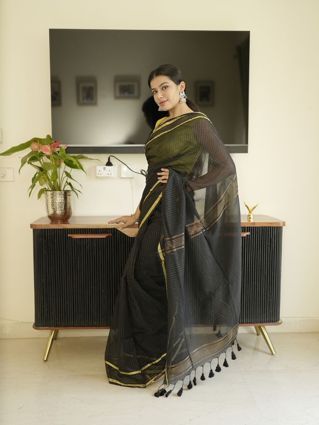 Black Mul Cotton Saree With Zari Sripes