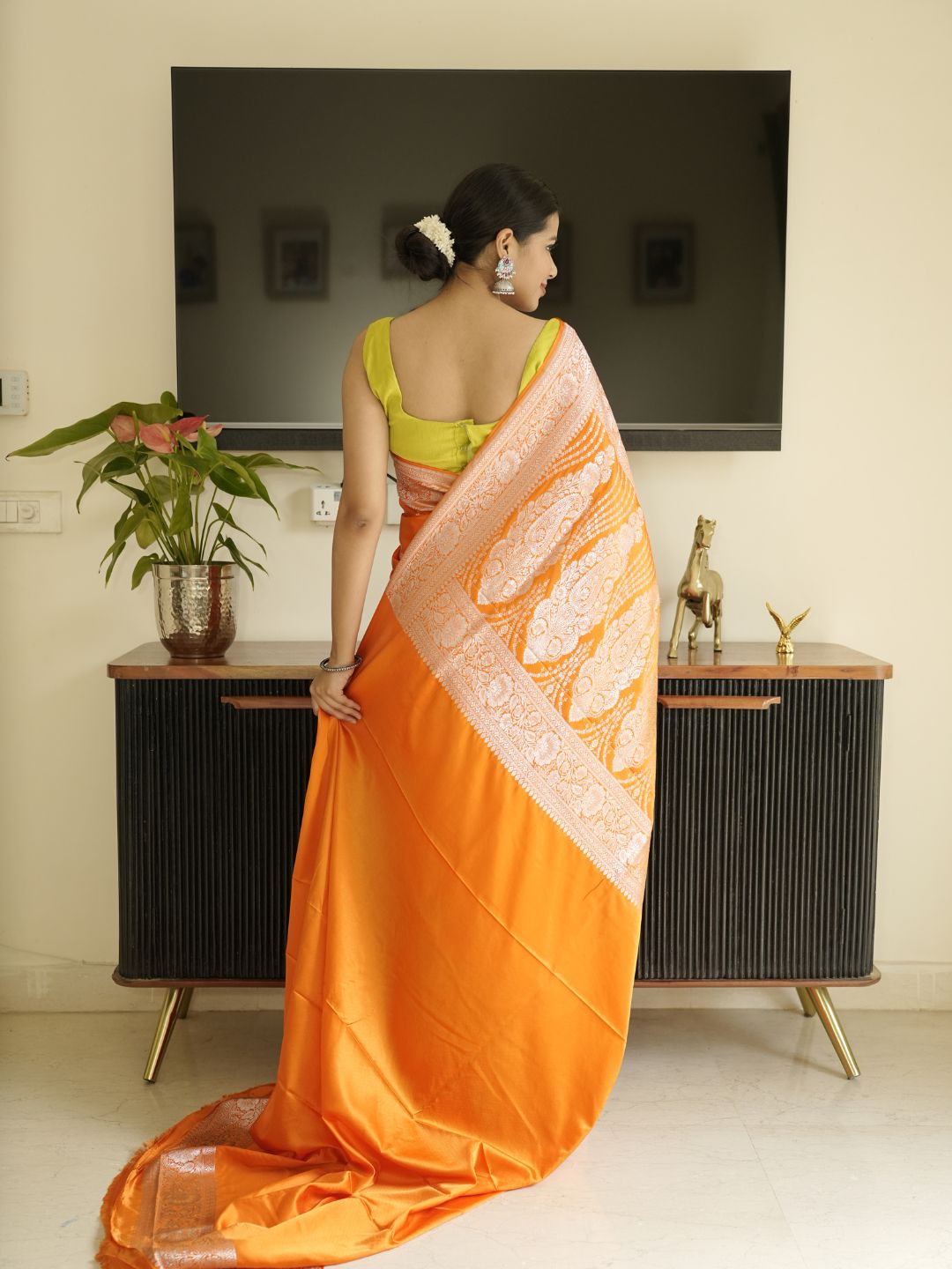 Orange Banarasi Silk Saree With Zari Border