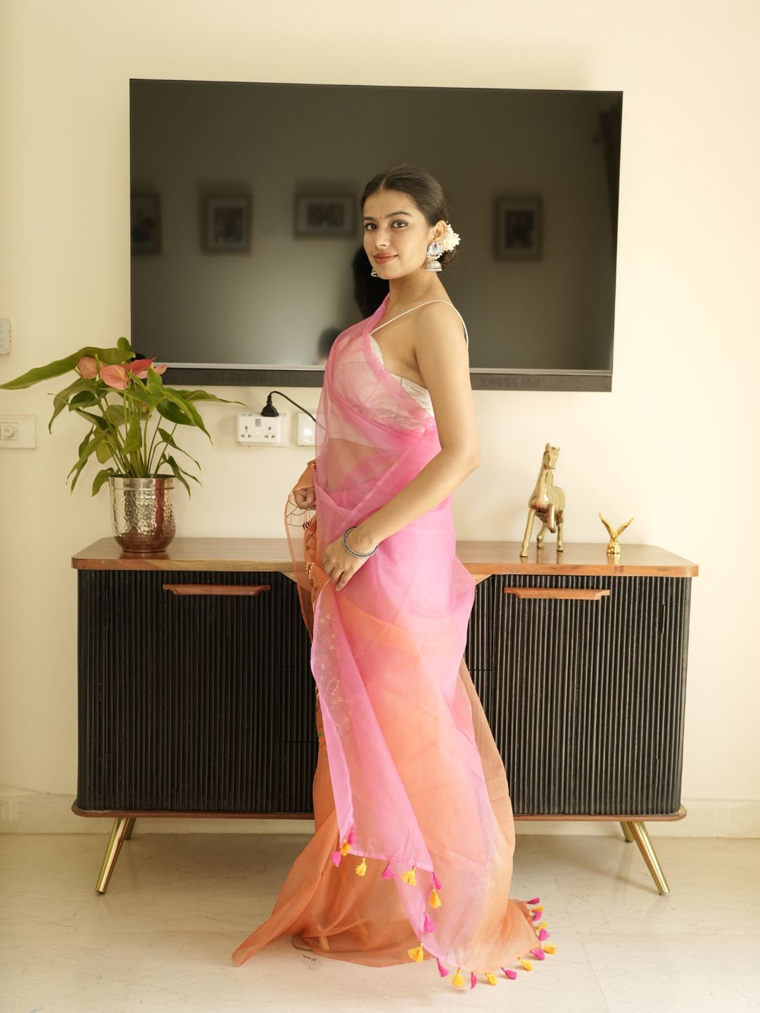Orange-Pink Ombre Organza Saree With Hand Embroidery