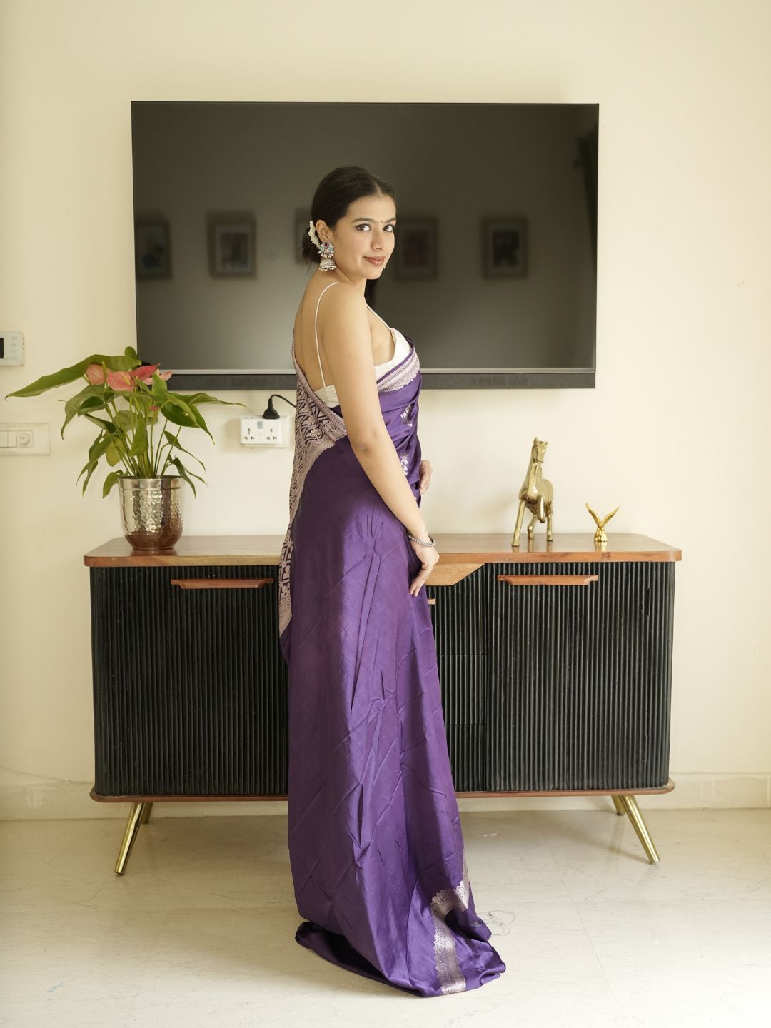 Purple Banarasi Silk Saree With Zari Border