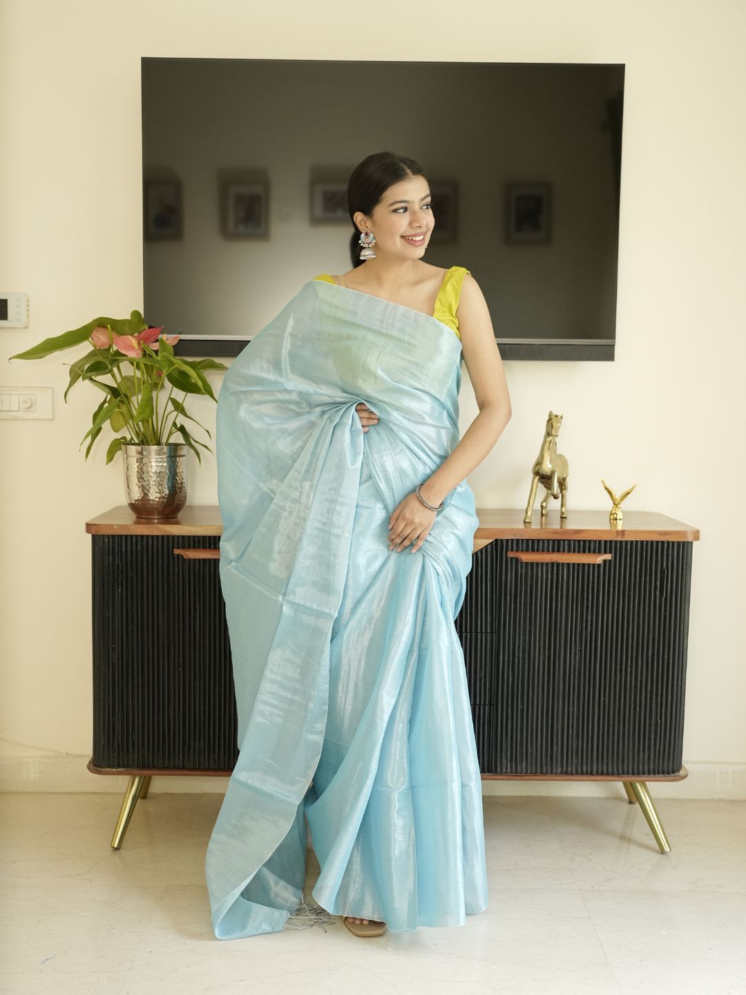 Blue Glass Tissue Silk Saree