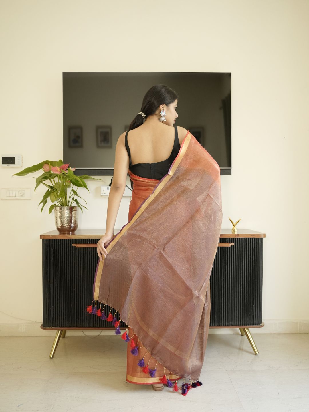 Orange & Brown Dual Tone Tissue Linen Saree