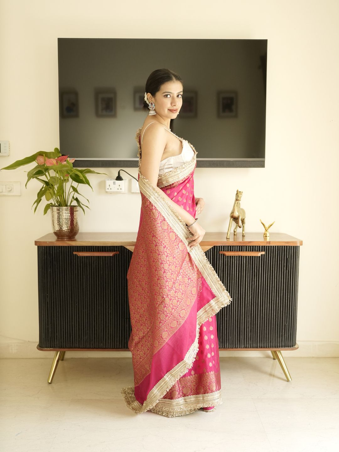Pink-Gold Banarasi Silk Saree With Lace Border