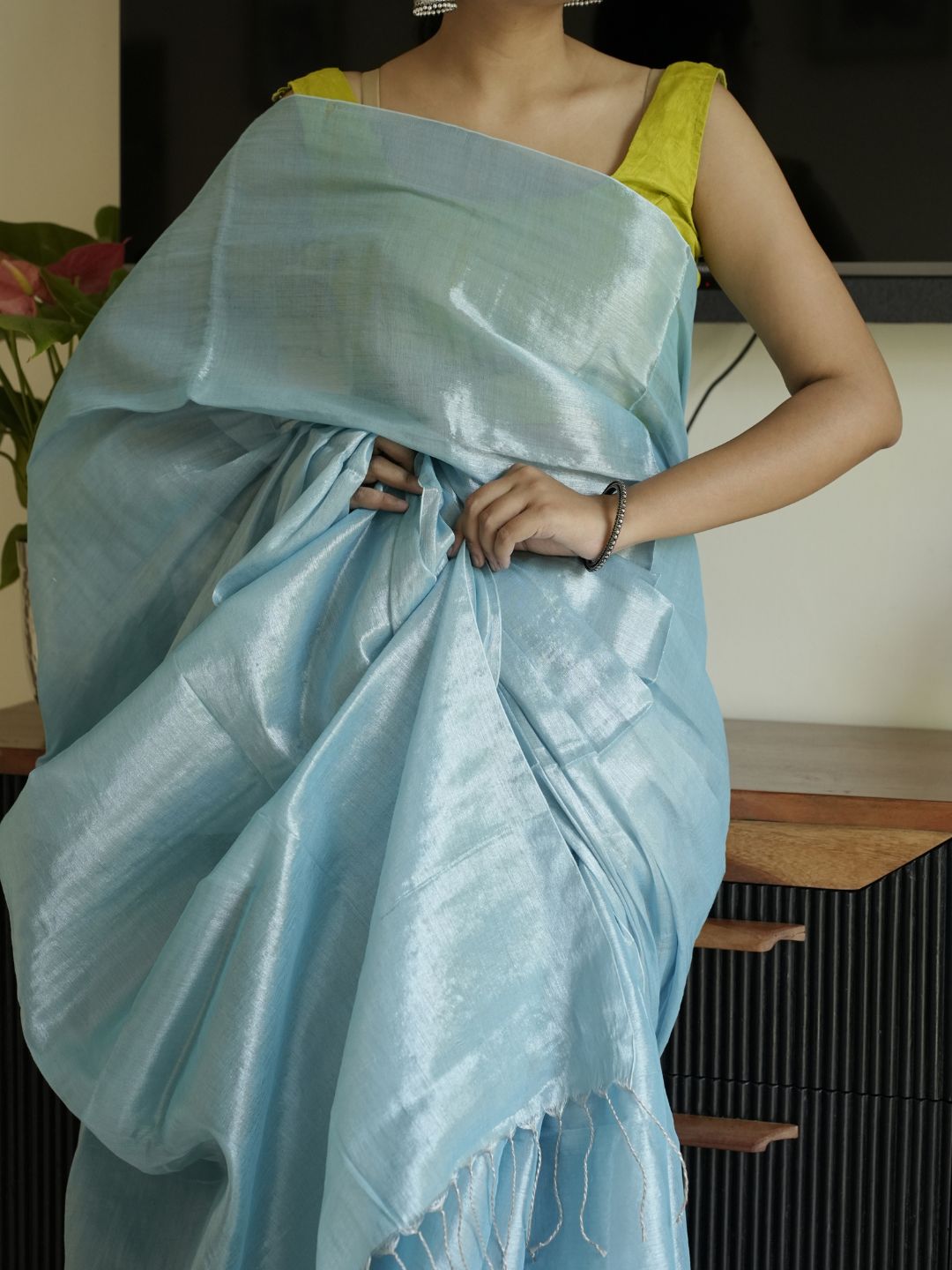 Blue Glass Tissue Silk Saree