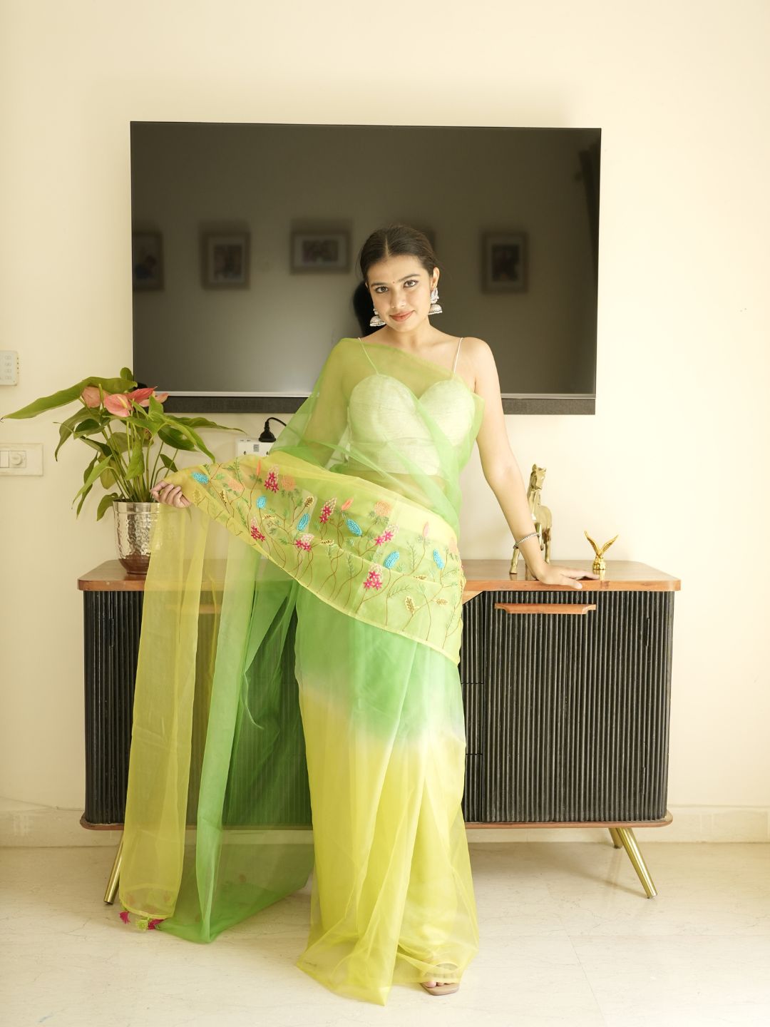 Green-Lime Green Ombre Organza Saree With Hand Embroidery