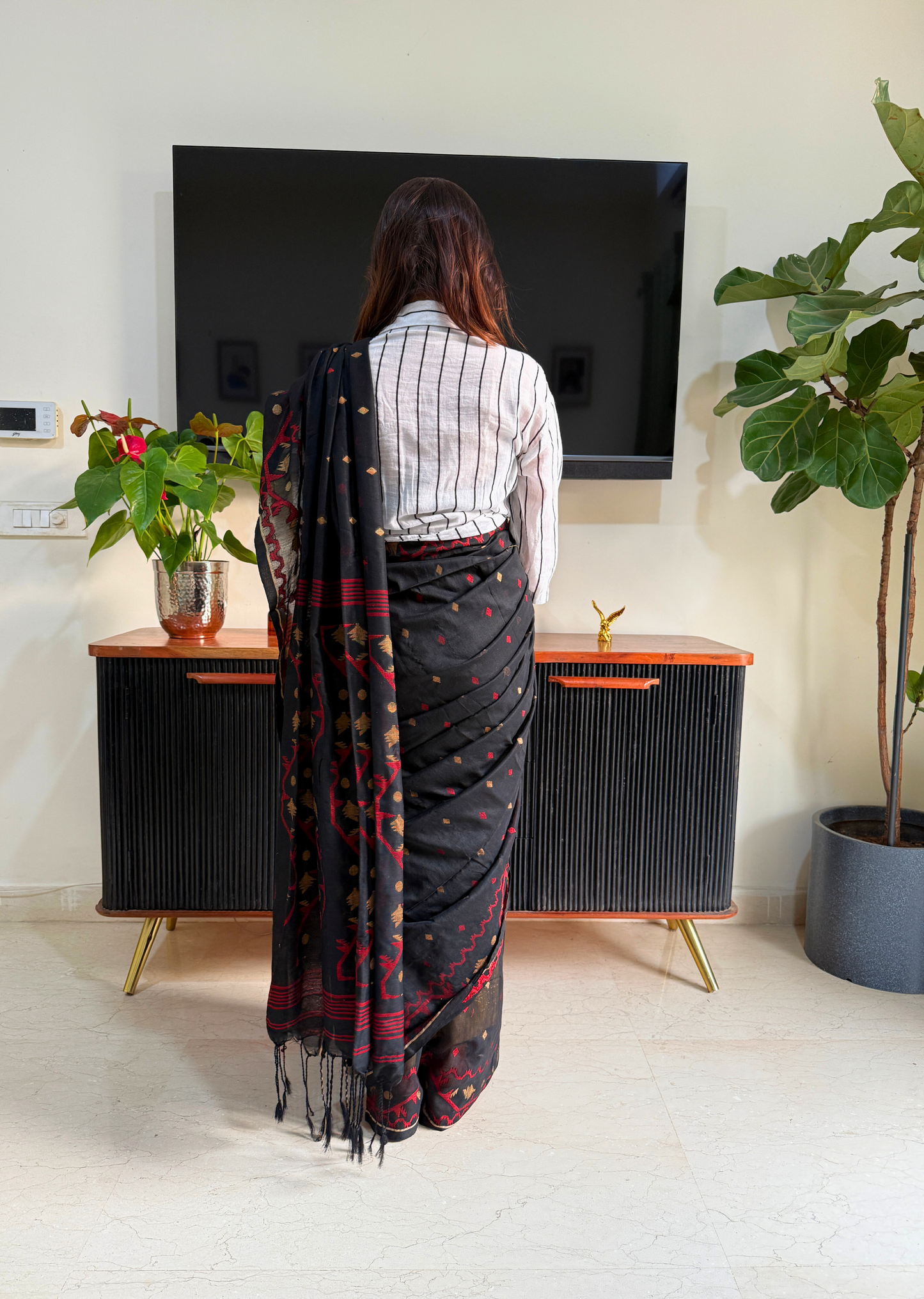 Black Jamdani Cotton Saree with Red & Gold Motifs