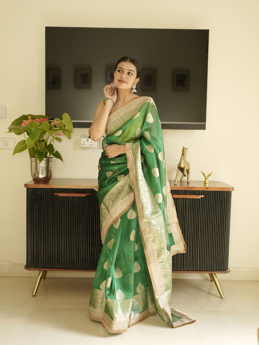 Green Banarasi Saree With Zari Border