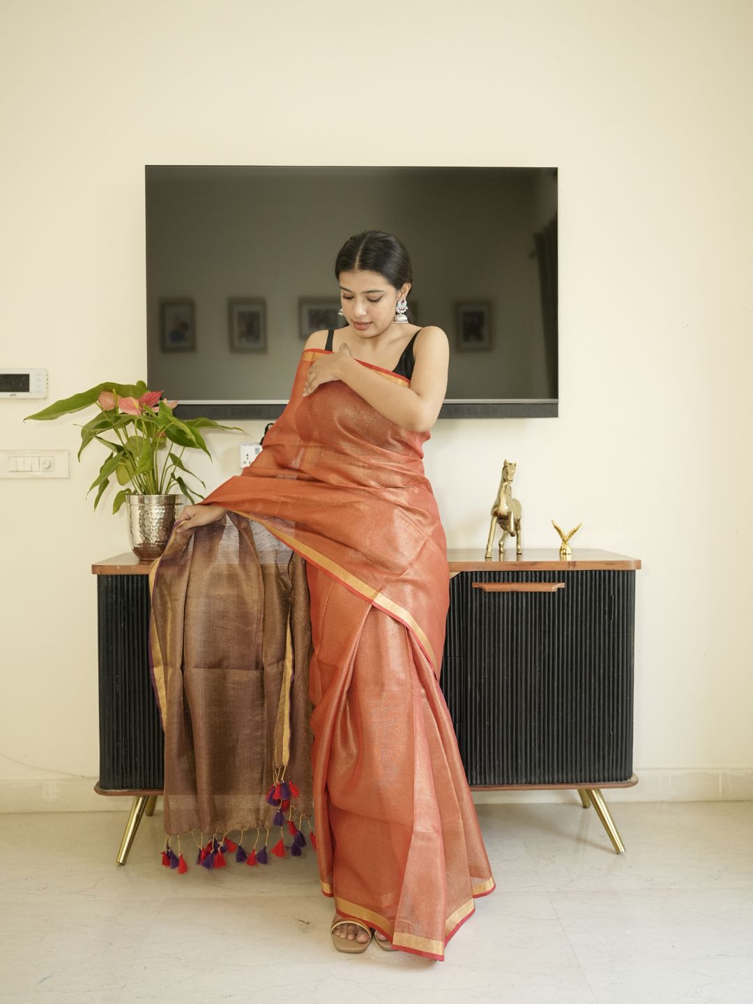 Orange & Brown Dual Tone Tissue Linen Saree