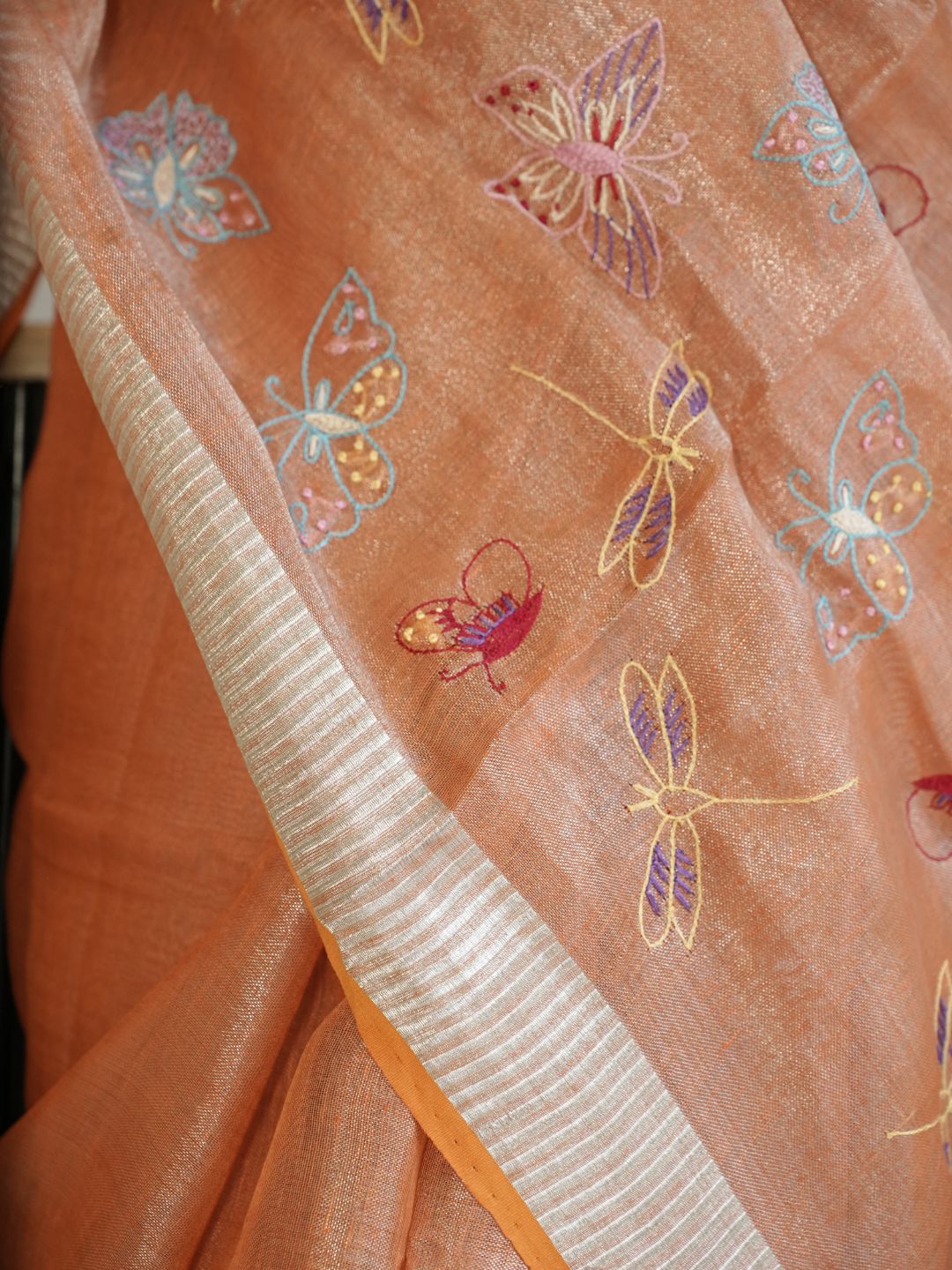 Orange Tissue Linen Saree With Hand Embroidery