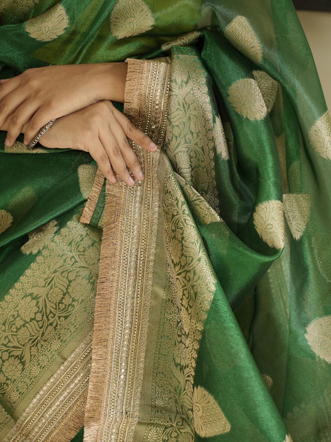 Green Banarasi Saree With Zari Border