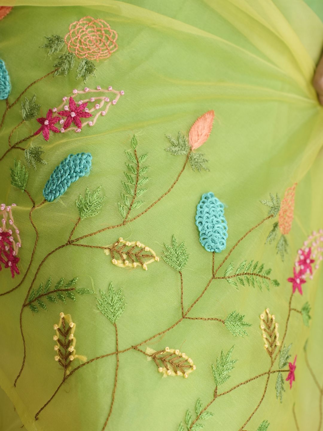 Green-Lime Green Ombre Organza Saree With Hand Embroidery
