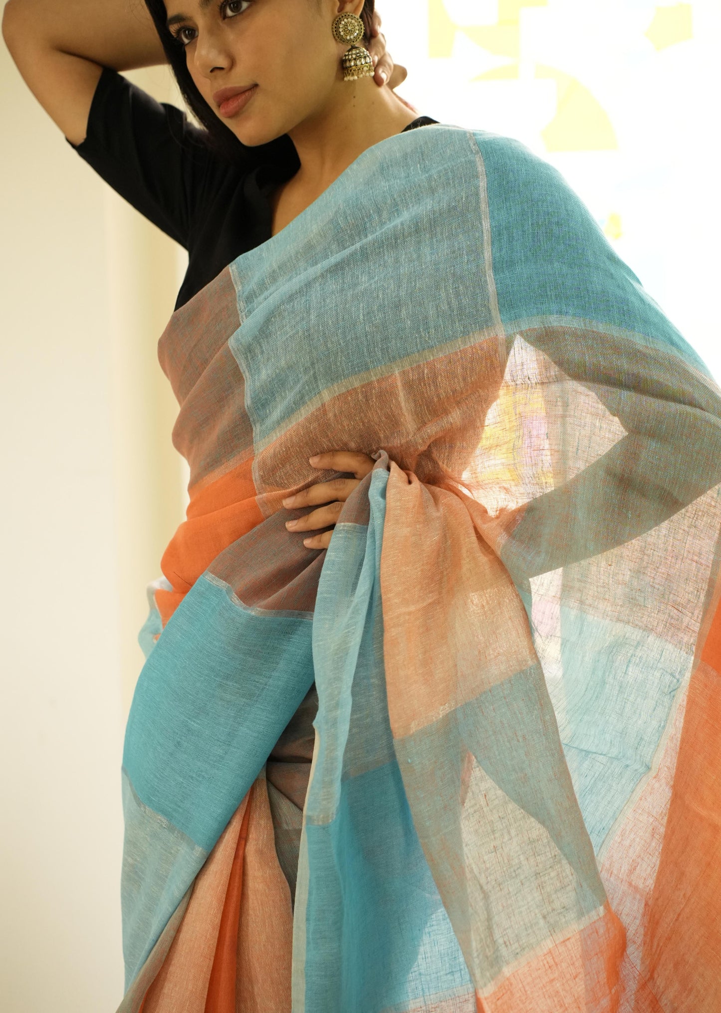 Vibrant Checks: Turquoise & Orange Linen Saree
