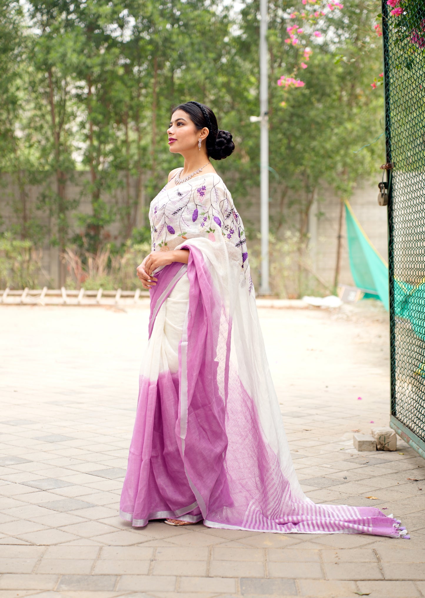 Lavender Whisper – Handwoven Linen Saree with Floral Embroidery