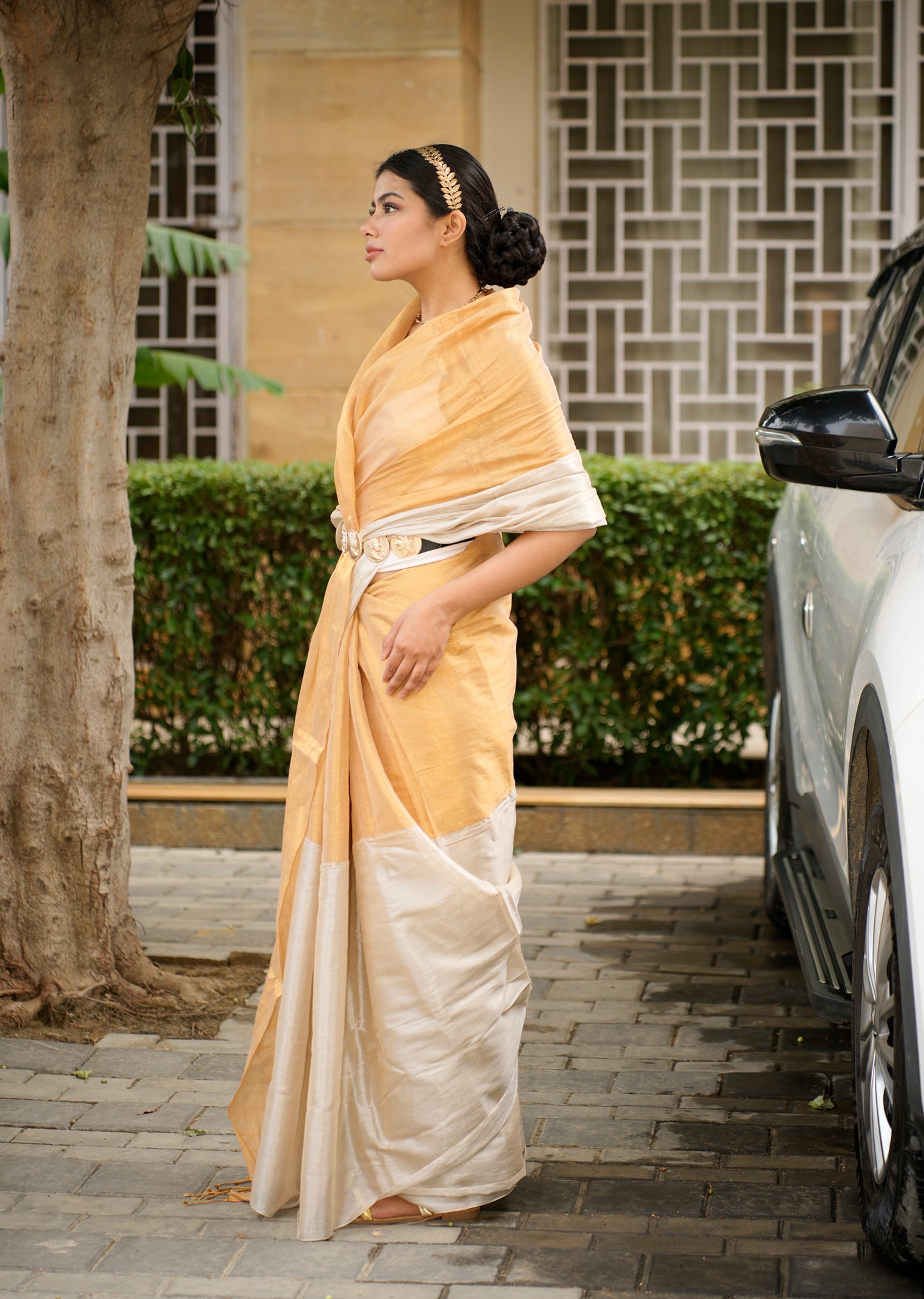 Dual Tone Gold & Ivory Elegant Ochre Saree