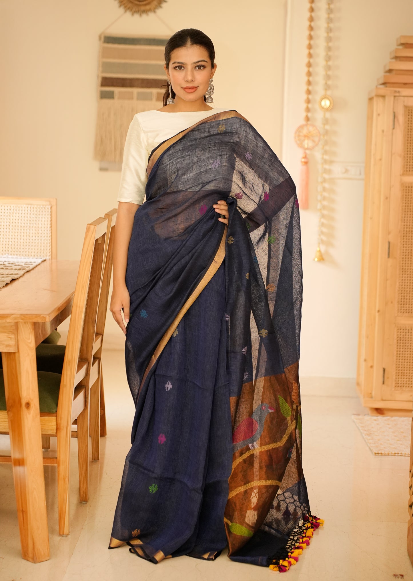 Midnight Blue Handpainted Paithani Linen Saree