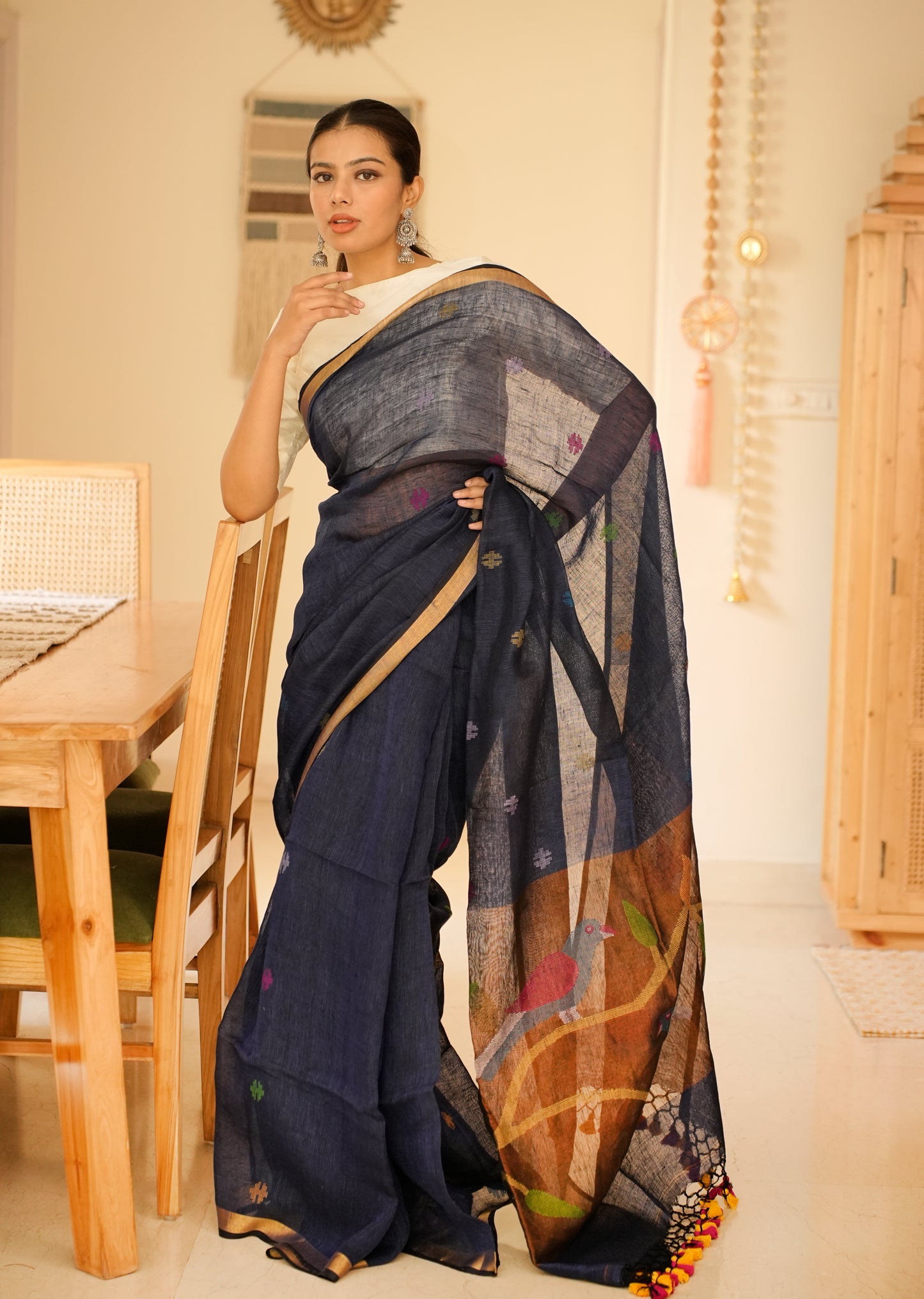 Midnight Blue Handpainted Paithani Linen Saree