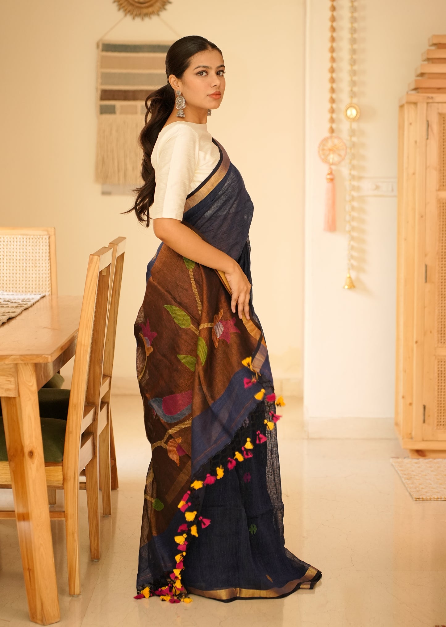 Midnight Blue Handpainted Paithani Linen Saree