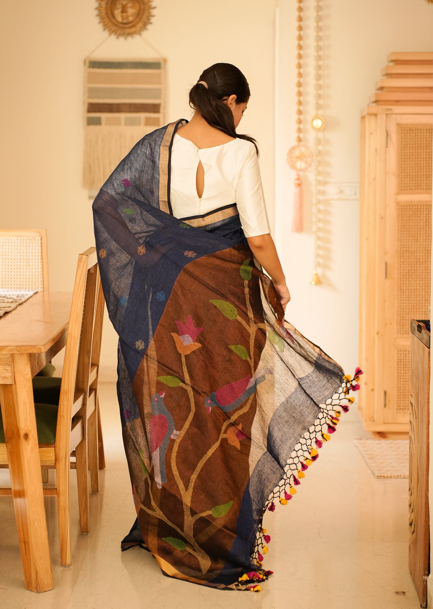 Midnight Blue Handpainted Paithani Linen Saree