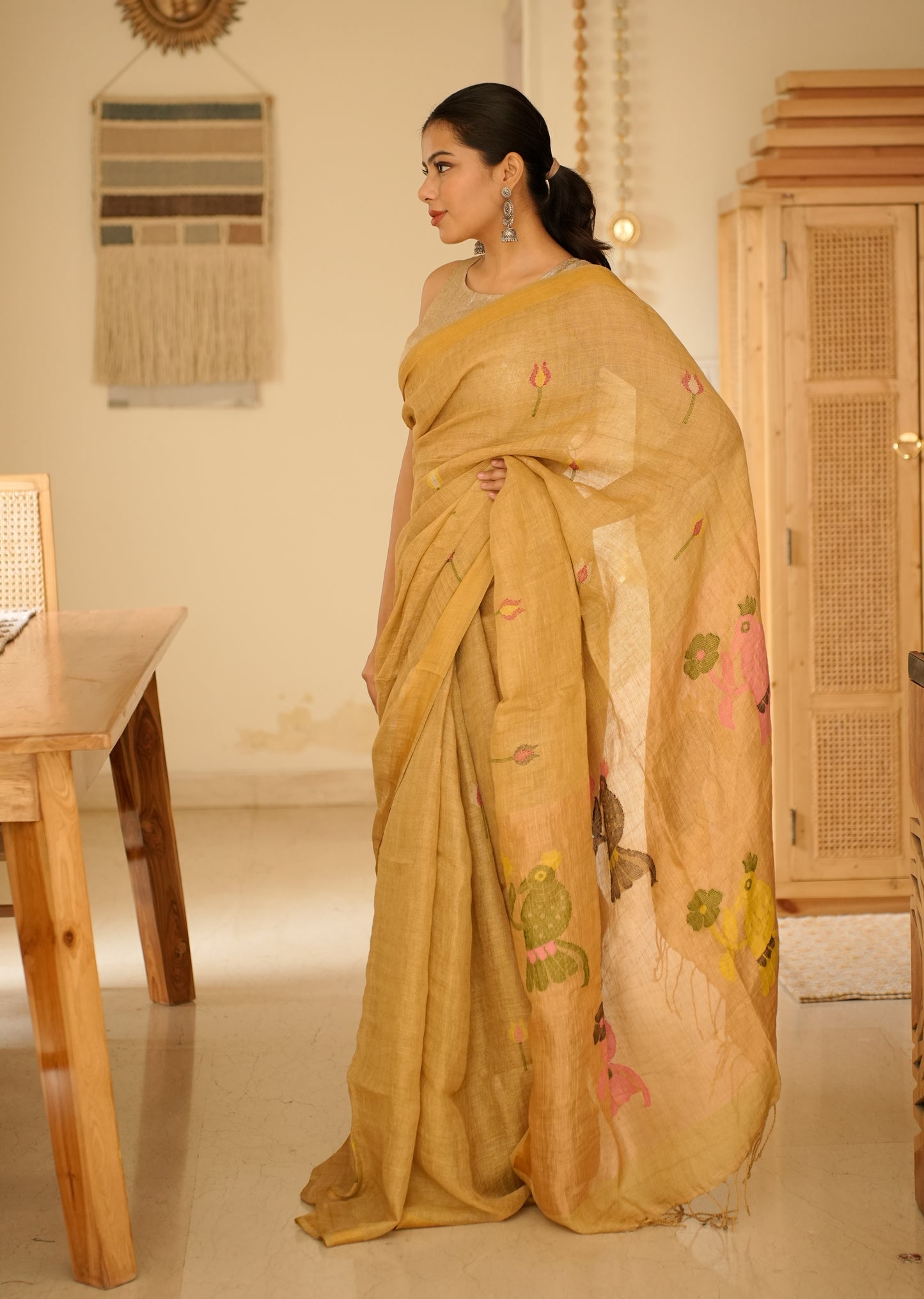 Mustard Garden Handpainted Paithani Linen Saree