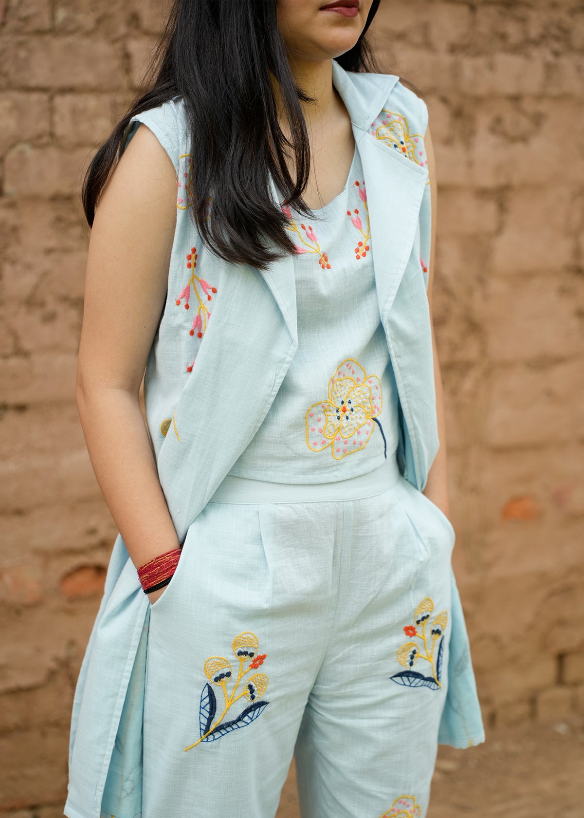 Sky Blue Cotton Co-Ord Set with Sleeveless Jacket