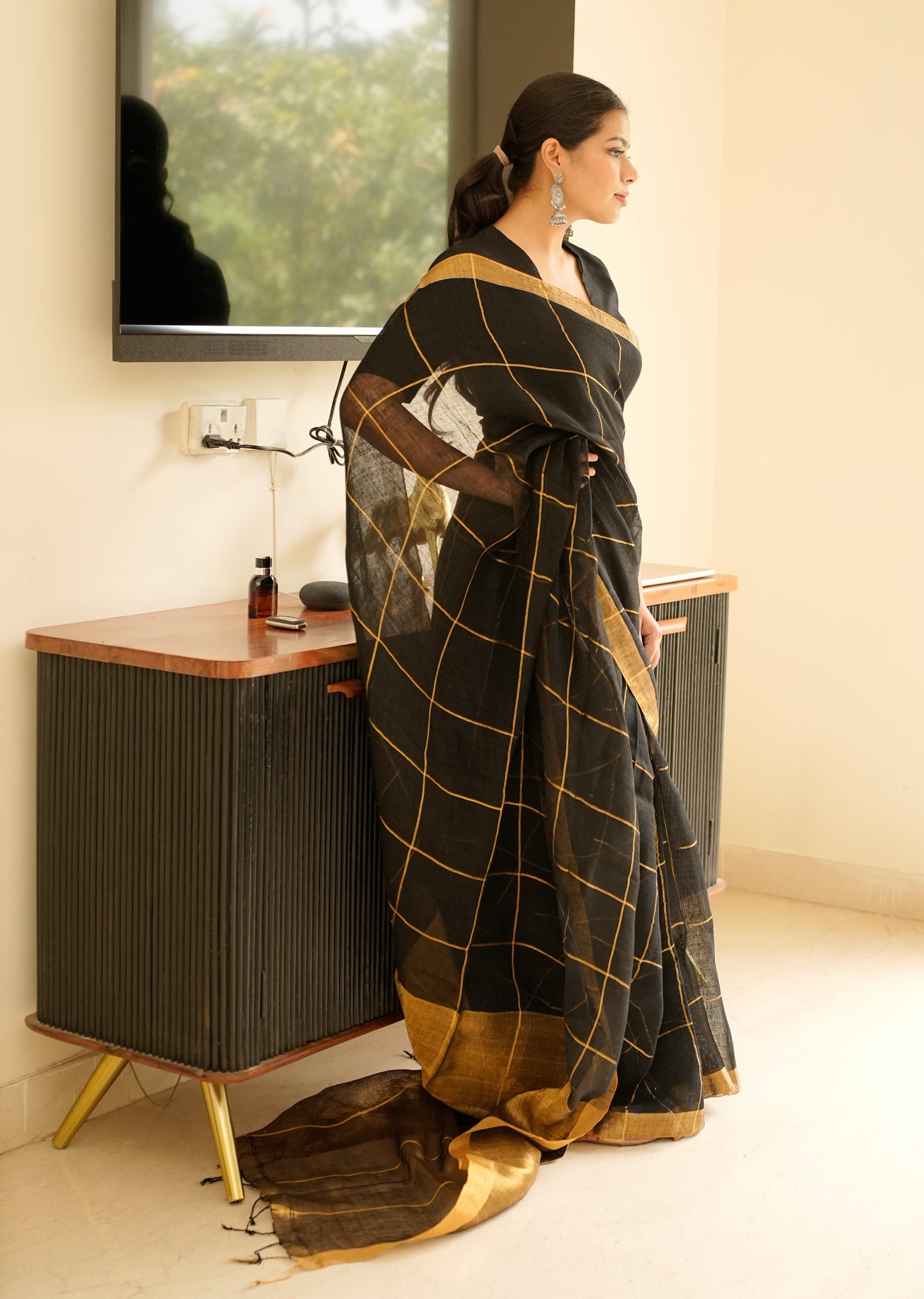 Black Linen Saree with Golden Zari Checks & Border