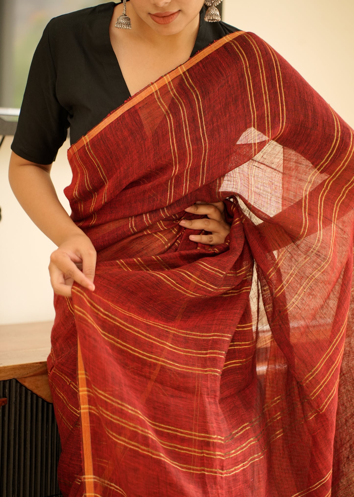 Rich Maroon Linen Saree with Golden Stripes