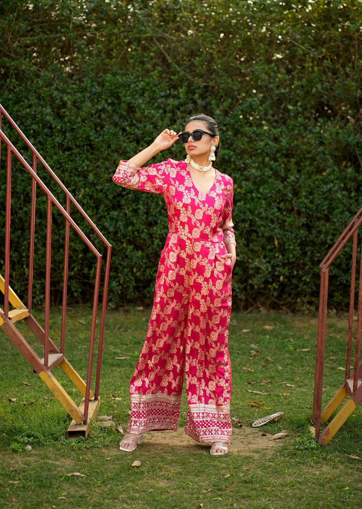 Pink Brocade Jumpsuit for a Statement Look