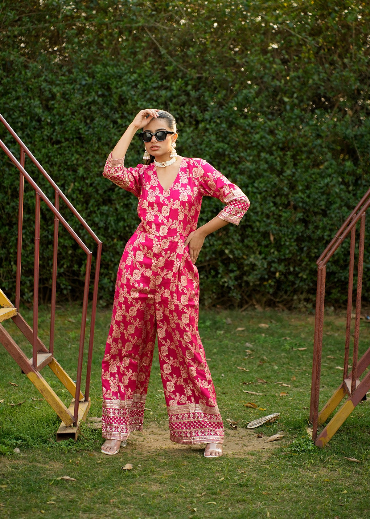Pink Brocade Jumpsuit for a Statement Look