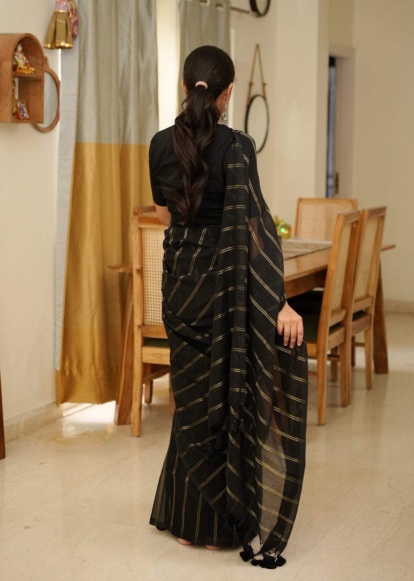 Midnight Stripes – Elegant Black & Gold Saree