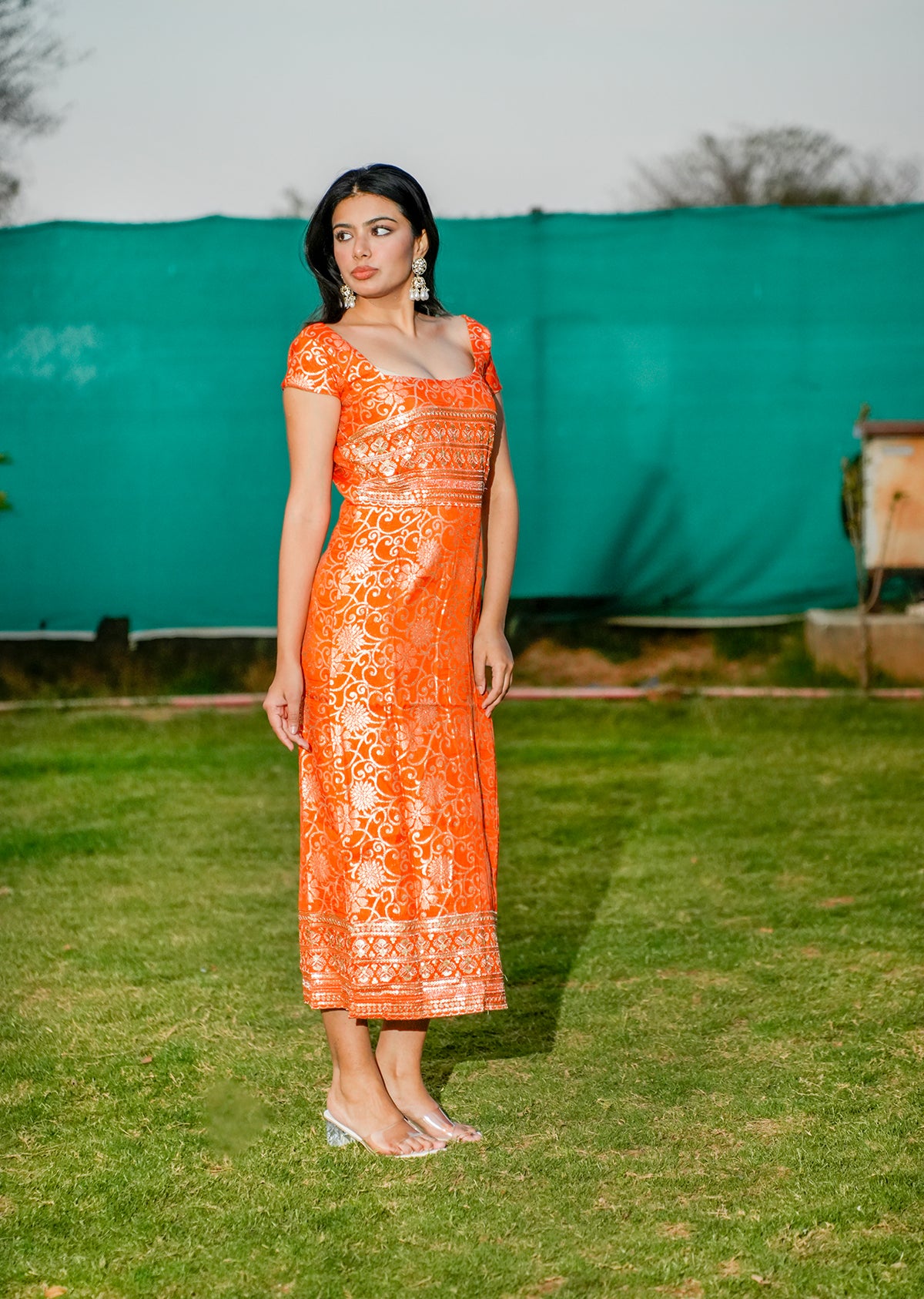 Orange Brocade A-Line Slit Dress for Statement Style