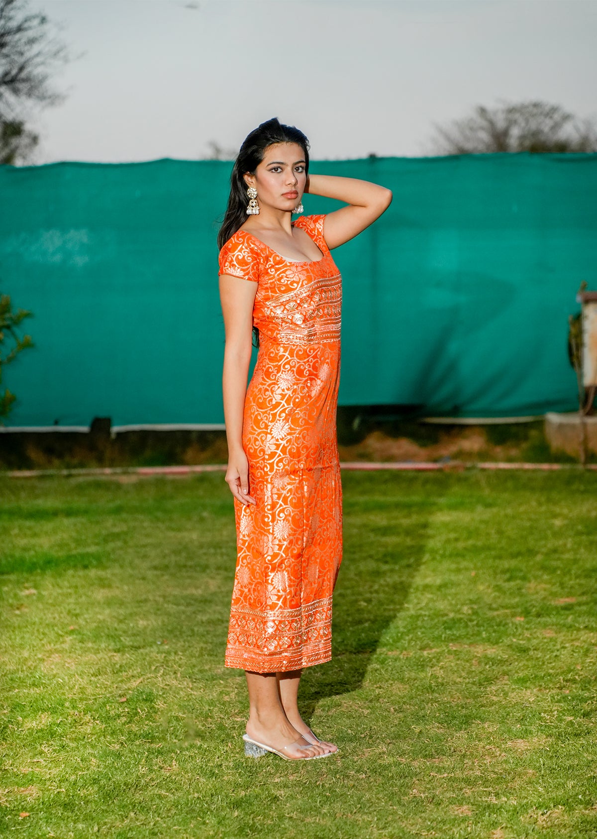Orange Brocade A-Line Slit Dress for Statement Style