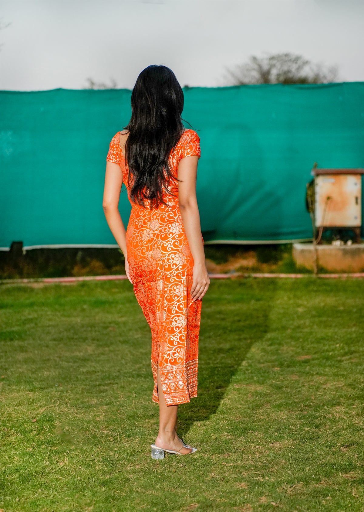 Orange Brocade A-Line Slit Dress for Statement Style