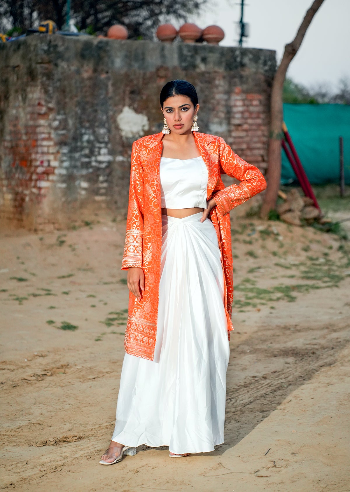 Orange & White Brocade Ensemble – Draped Skirt & Coat