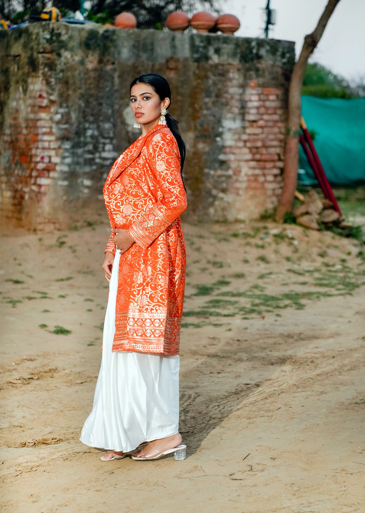 Orange & White Brocade Ensemble – Draped Skirt & Coat
