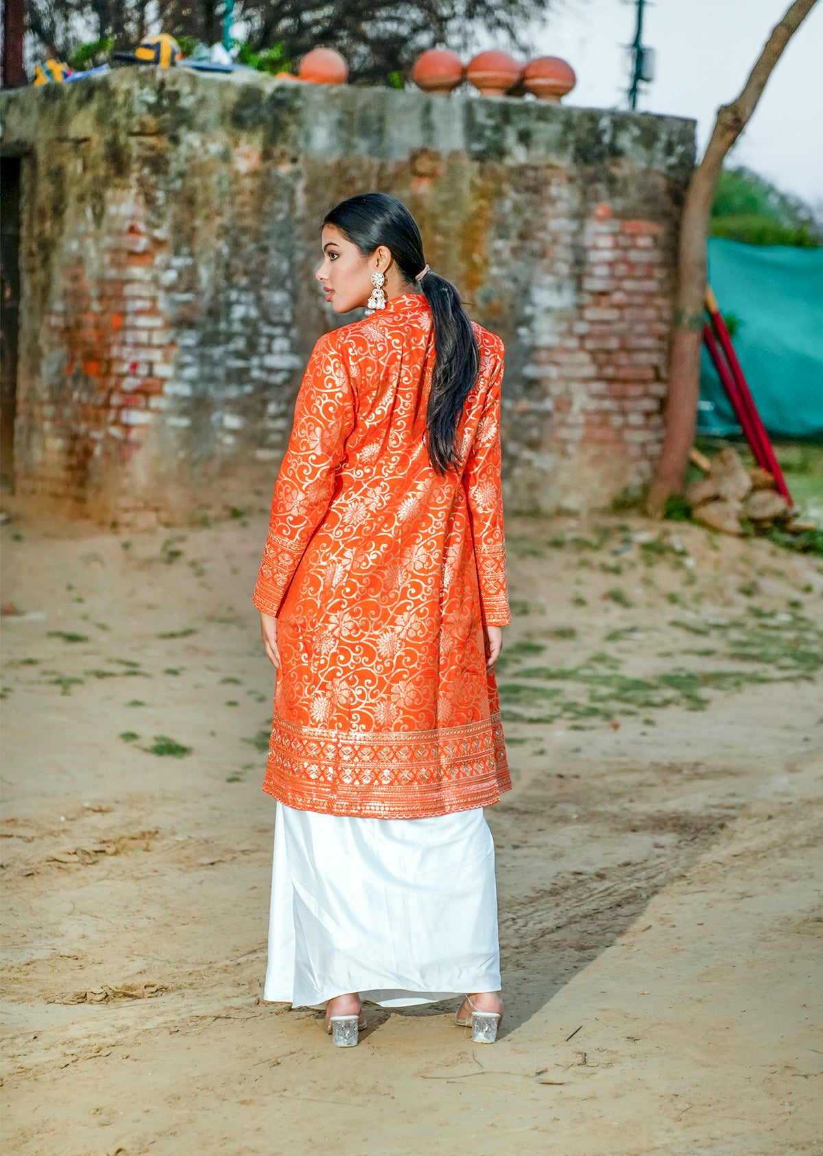 Orange & White Brocade Ensemble – Draped Skirt & Coat